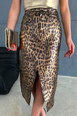 Fusta denim Khenya, cu imprimeu animal print si crapatura frontala, Bej 1