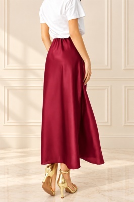 Fusta eleganta Penelope, cu textura satinata si croi lung, Visiniu, Marime S/M/L, detaliu lateral