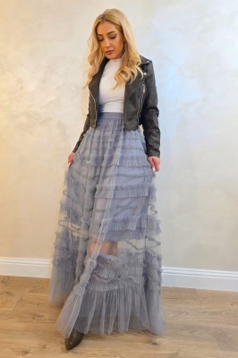 Fusta lunga BOHO, transparenta, cu insertii de tull si dantela, GRI