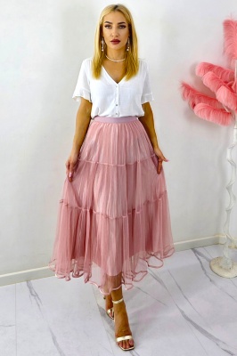 Fusta lunga cu doua fețe, LUNA, aspect plisat si tull, Roz, Marime S/M/L