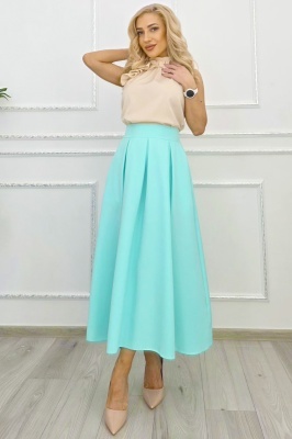 Fusta lunga evazata Mathilde, cu buzunare si pliuri, Turquoise, Marime S/M/L