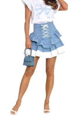 Fusta scurta denim CIELO, cu snururi si volane, Albastru deschis