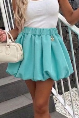 Fusta scurta din vascoza turquoise cu croiala tip balon, rejansa elastica in talie si accesoriu decorativ metalic