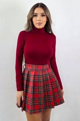 Fusta scurta plisata, in carouri, Serena, cu talie elastica, Rosu, Marime S/M/L