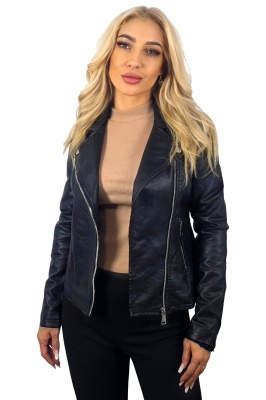 Geaca din piele ecologica NYTA, model biker cu inchidere laterala, Negru