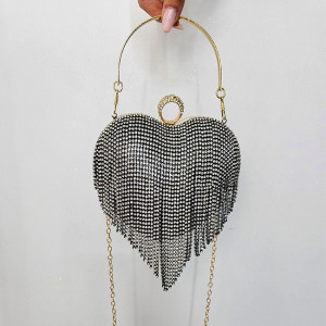Geanta de ocazie, Glimmer, Negru, in forma de inima, cu strasuri si detalii metalice, Lant auriu1