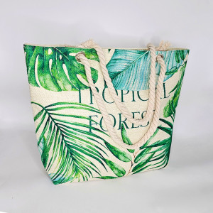 Geanta de plaja Genevie, cu imprimeu de vara si manere tip sfoara, Tropical Forest, 51x37