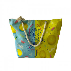 Geanta de plaja Nautic Holiday, cu imprimeu de vara si manere tip sfoara, Lemon Glow
