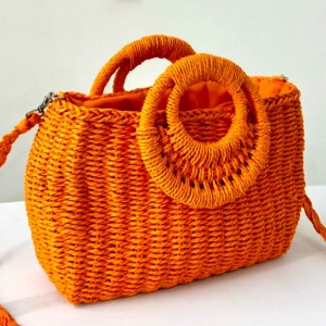 Geanta de plaja STRAW, crossbody, cu husa si lant detasabil, Portocaliu 2