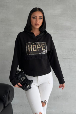 Hanorac cu gluga HOPE, emblema cu paiete si franjuri, Negru
