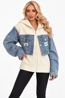 Jachetă damă tricotată cu inserții denim, alb unt