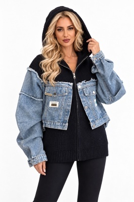 Jacheta tricotata LUREIA, cu insertii denim si gluga, Negru, Marime S/M/L