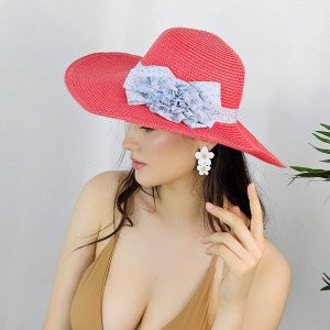 Palarie de plaja Ribbon Flower, din paie, panglica cu imprimeu si floare decorativa, Rosu1