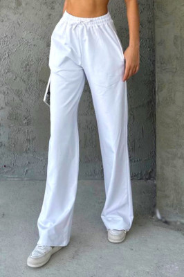 Pantaloni casual HIKE, croiala wide leg si snur in talie, Alb  3
