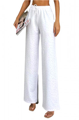 Pantaloni casual Emma, cu aplicatii tip cristale si croiala wide leg, Alb 2