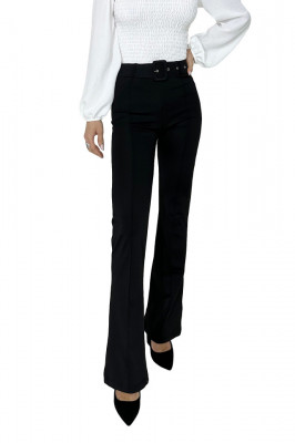 Pantaloni eleganti, Matty, cu nervura pe mijlocul piciorului, croiala evazata si curea asortata, Negru3