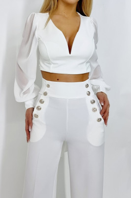 Pantaloni eleganti, Palma, cu talie inalta, Alb4