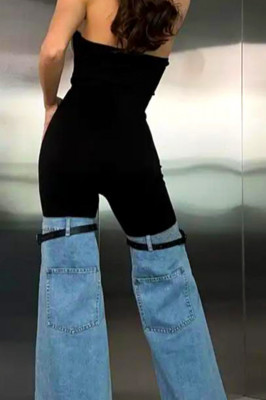 Pantaloni evazati Hybrid Style, din denim si curele decorative aplicate pe pulpa piciorului 3