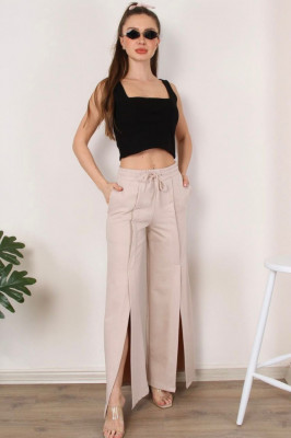 Pantaloni largi Grecie, cu taietura pe mijloc, Crem3