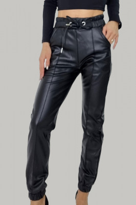 Pantaloni Marelli, din piele ecologica, cu talie inalta si snur reglabil, Negru1