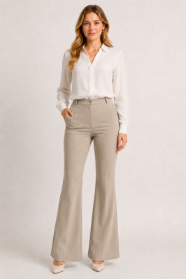 Pantaloni office Katte, croiala slim evazata si talie inalta, Cappuccino