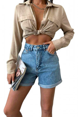 Pantaloni scurti de blugi Mika, cu manseta, croiala mom slimfit si buzunare practice, Albastru prespalat 3