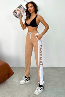 Pantaloni sport Playlist, cu imprimeu bicolor si banda elastica, Crem 2