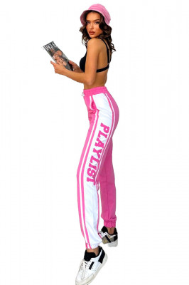 Pantaloni sport Playlist, cu imprimeu bicolor si banda elastica la extremitati, Roz 6
