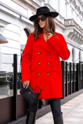 Pardesiu cu nasturi Adriana, croi oversize si revere scurte, Rosu, Marime S/M/L