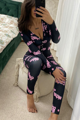 Pijama lunga tip salopeta Vicky, cu maneca lunga, inchidere cu nasturi si imprimeuri diverse, colorate, Black Doll1