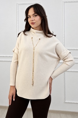 Pulover dama ELVANA, cu guler inalt, maneci reiate si accesoriu auriu detasabil, Crem, Marime unica S/M