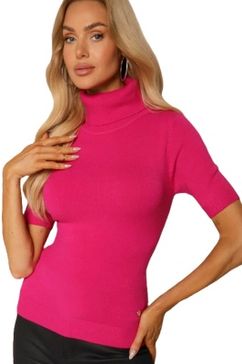 Pulover dama Patrizia, cu maneca scurta si guler rulat, Fucsia in marimi universale