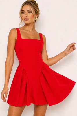 Rochie babydoll MARA, cu funda la spate si imprimeu uni, Rosu