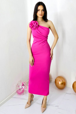 Rochie bandage de seara, ILona, cu detaliu floral detasabil, Fucsia, Marime S/M 3