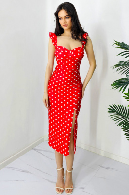 Rochie bodycon Ditsy, slit adanc si imprimeu cu buline, Rosu, 3