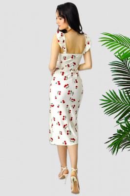 Rochie bodycon Ditsy, slit adanc si imprimeu cu cirese, Alb spate