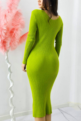 Rochie bodycon Mina, tricot cu casmir,  decolteu si nervuri in relief, Verde electric 1