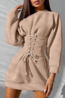 Rochie bumbac Dora, cu corset in talie si lungime asimetrica, Crem1