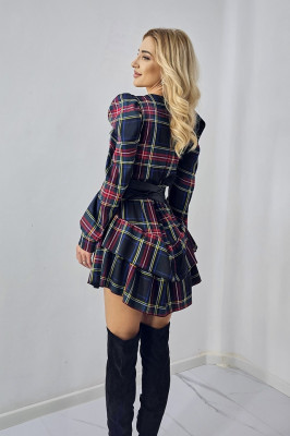 Rochie Chira cu volane si umeri bufanti, in carouri, Bleumarin, Marime S/M
