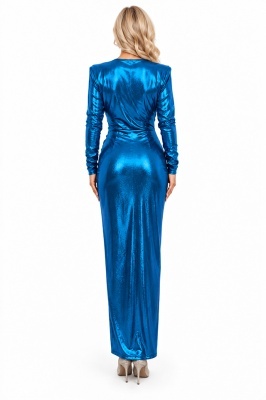 Rochie de evenimente Julietta, cu maneca lunga si falduri, Albastru electric, Marime S/M, detaliu spate