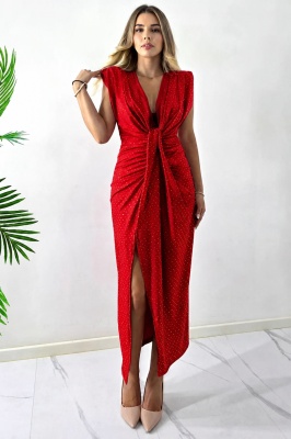 Rochie de ocazie fara maneci JHOSY, cu paiete si decolteu, Rosu, Marime S/M