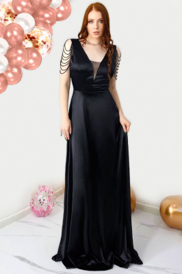Rochie de ocazie Leontina, cu textura satinata si cristale artizanale, Negru