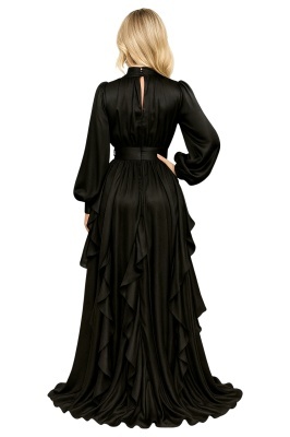 Rochie lunga de ocazie Marivelle, cu volane si trena, Negru, Marime S/M detaliu spate