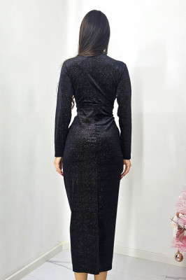 Rochie de ocazie Odette, cu crapatura medie si decolteu adanc, Negru, Marime M/L spate