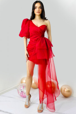 Rochie de seara Dayana, cu maneca bufanta si detaliu din organza, Rosu