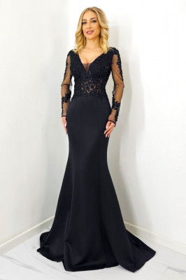 Rochie de seara Melany, tip sirena, cu broderie si margele, Negru 1