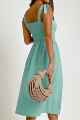 Rochie de vara MYA Masha, cu bretele legate funda si imprimeu uni, Verde Menta, Marime S/M spate
