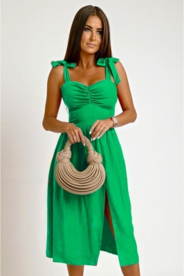 Rochie de vara MYA Masha, cu bumbac bistrech si imprimeu uni, Verde, Marime S/M 1