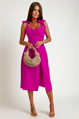 Rochie de vara MYA Masha, cu bretele legate funda si imprimeu uni, Fucsia, Marime S/M