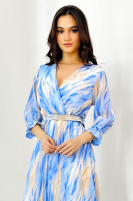 Rochie de zi Fatima, croiala plisata si imprimeu pastelat, Albastru, Marime S/M 3